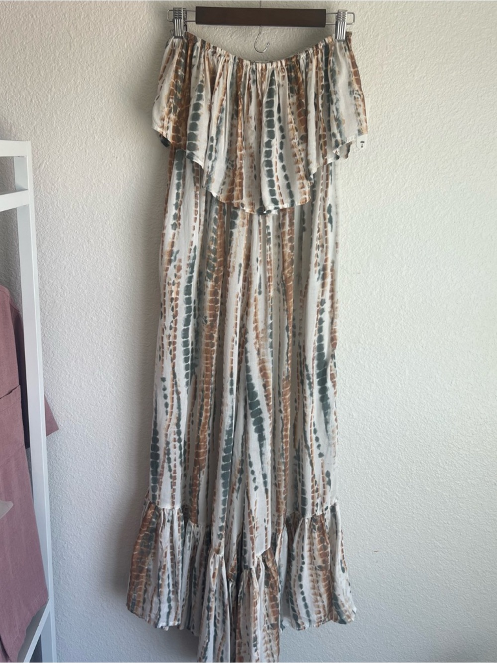 Free People Off-Shoulder Boot Cut Jumpsuit in Cream, Brown & Green